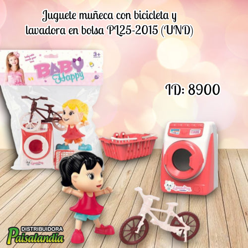 Juguete muñeca con bicicleta y lavadora en bolsa PL25-2015 (UND)