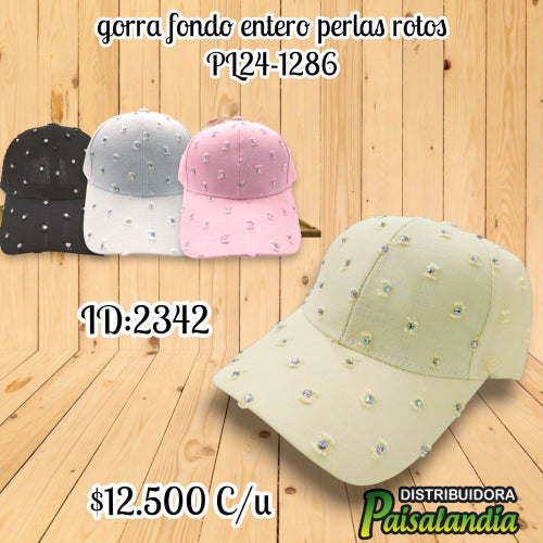 Gorra fondo entero con perlas rotas colores surtidos (UND)