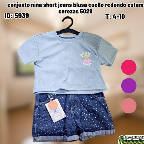 Conjunto niña short jeans blusa cuello redondo estam cerezas 5029 (UND)