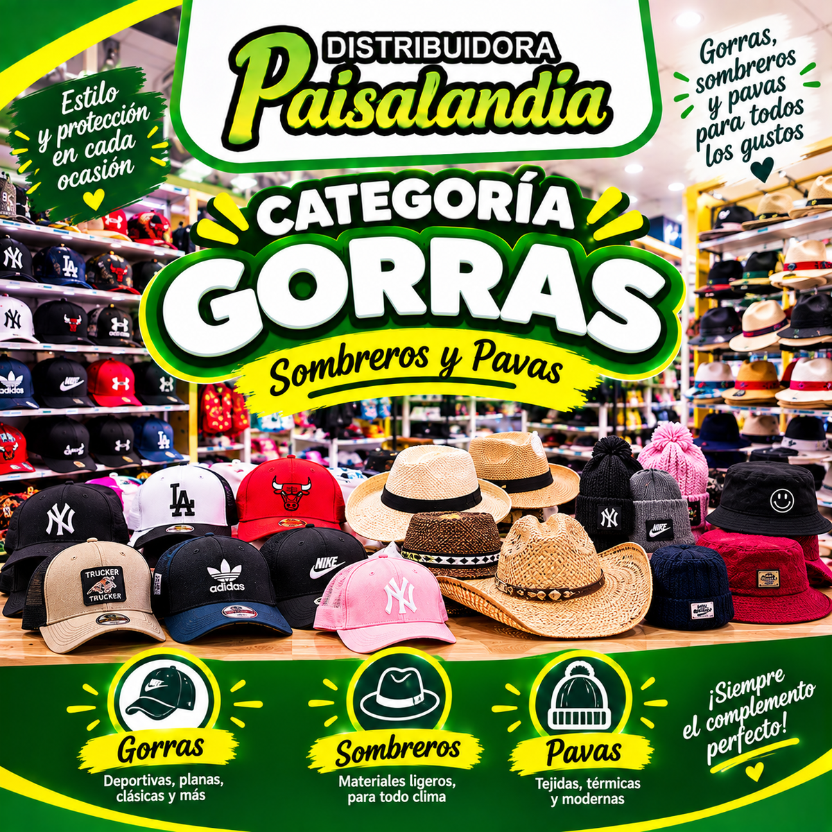 Gorras, sombreros, pavas