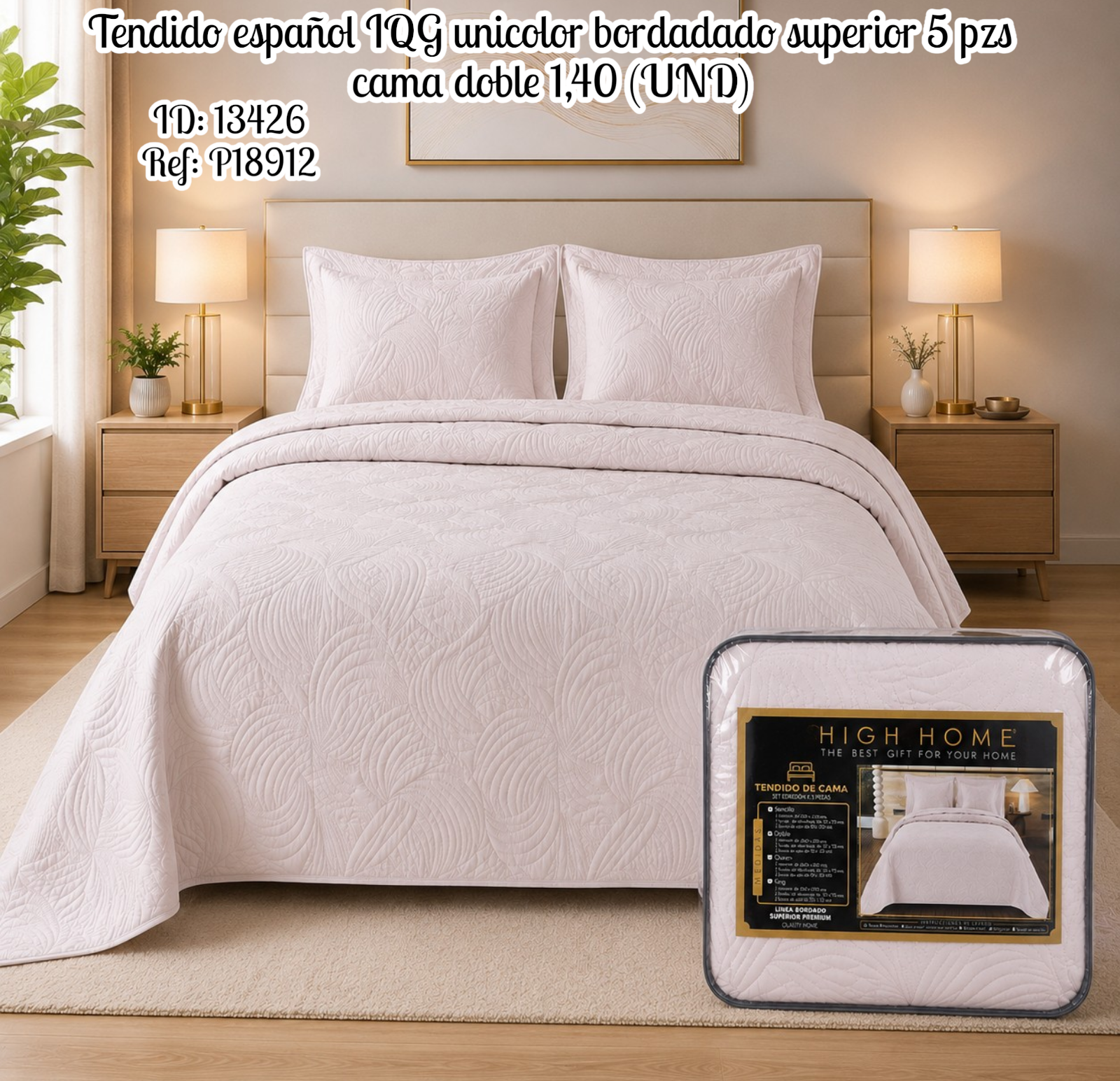 Tendido español IQG unicolor bordadado superior 5 pzs cama doble 1,40 (UND)