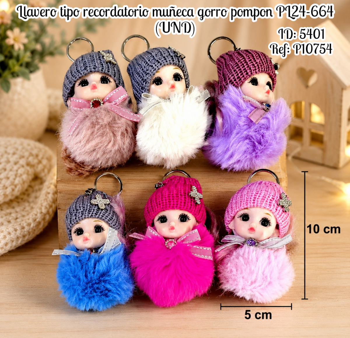 Llavero tipo recordatorio muñeca gorro pompon PL24-664 (UND)