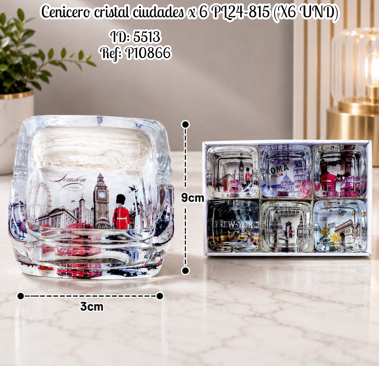 Cenicero cristal ciudades x 6 PL24-815 (X6 UND)