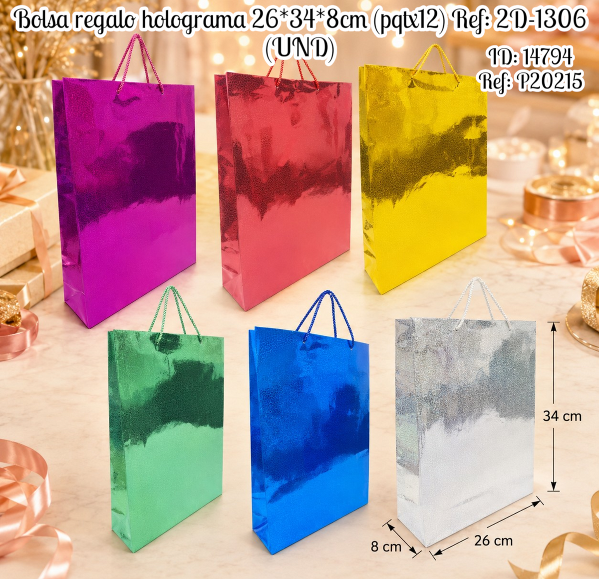 Bolsa regalo holograma 26*34*8cm (pqtx12) Ref: 2D-1306 (UND)