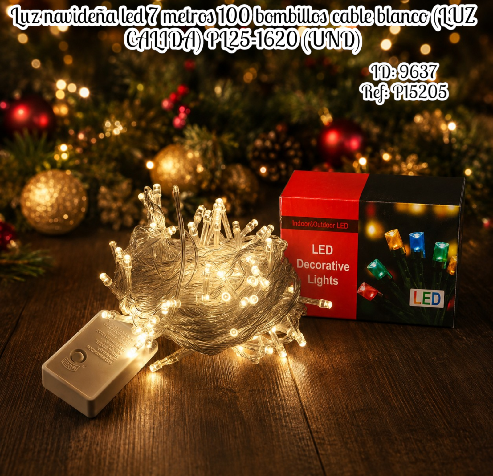 Luz navideña led 7 metros 100 bombillos cable blanco (LUZ CALIDA) PL25-1620 (UND)