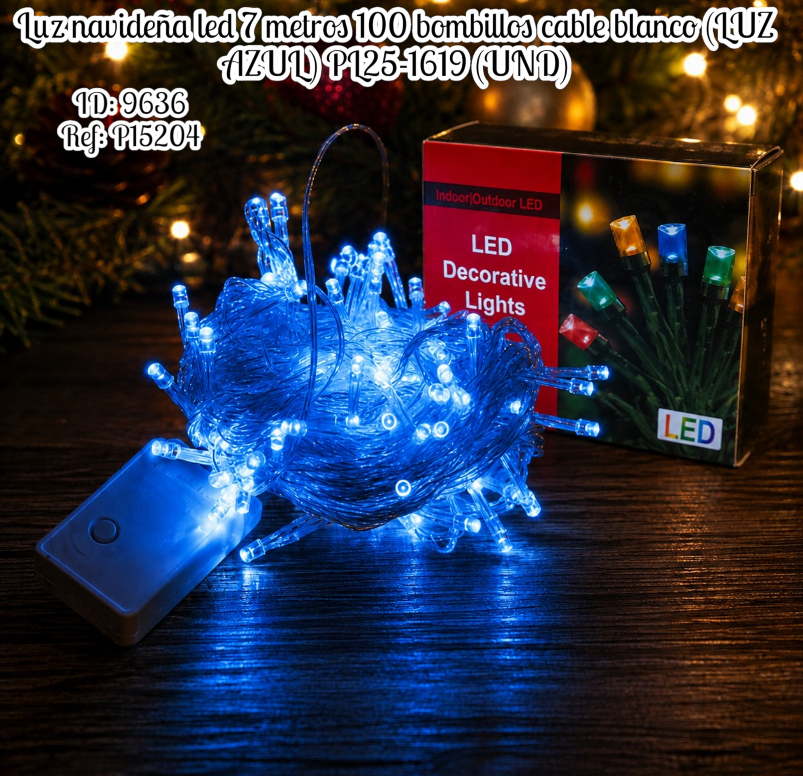 Luz navideña led 7 metros 100 bombillos cable blanco (LUZ AZUL) PL25-1619 (UND)