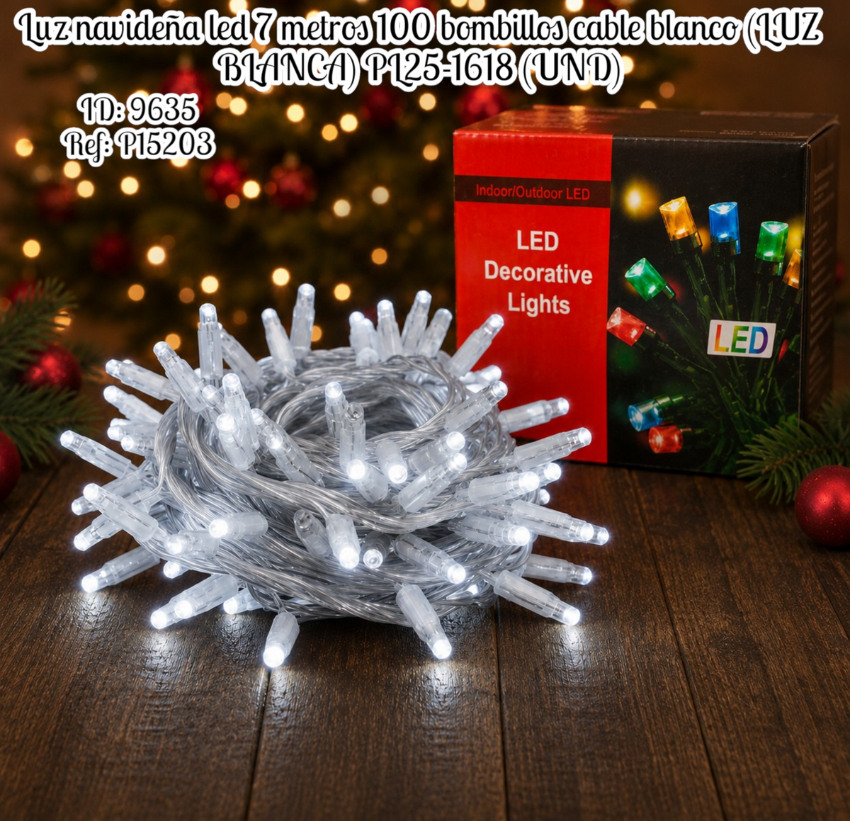 Luz navideña led 7 metros 100 bombillos cable blanco (LUZ BLANCA) PL25-1618 (UND)