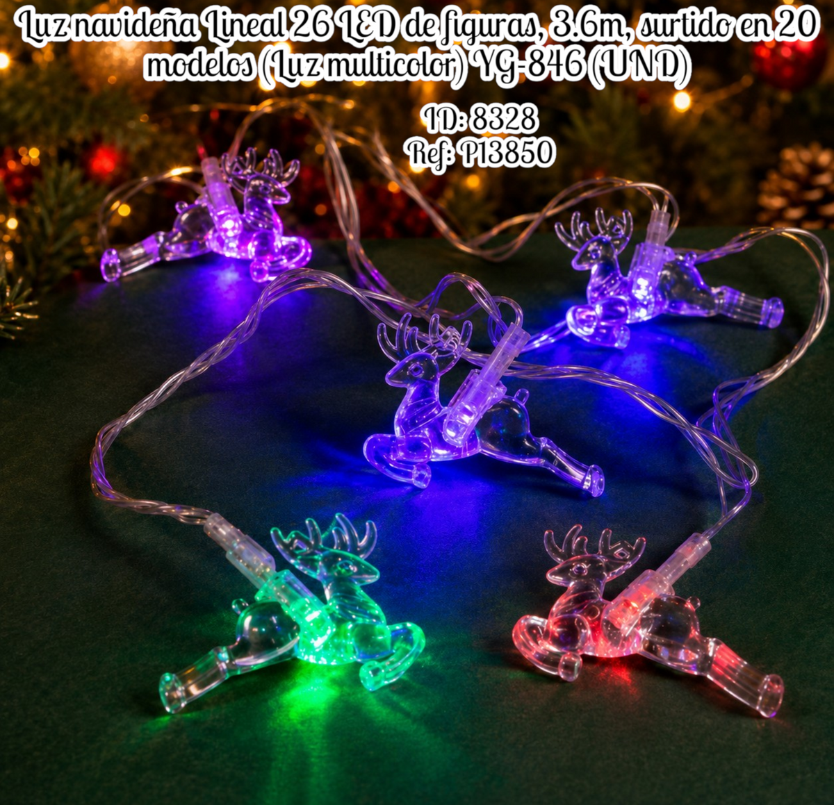 Luz navideña Lineal 26 LED de figuras, 3.6m, surtido en 20 modelos (Luz multicolor) YG-846 (UND)