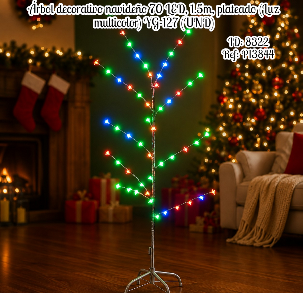 Árbol decorativo navideño 70 LED, 1.5m, plateado (Luz multicolor) YG-127 (UND)