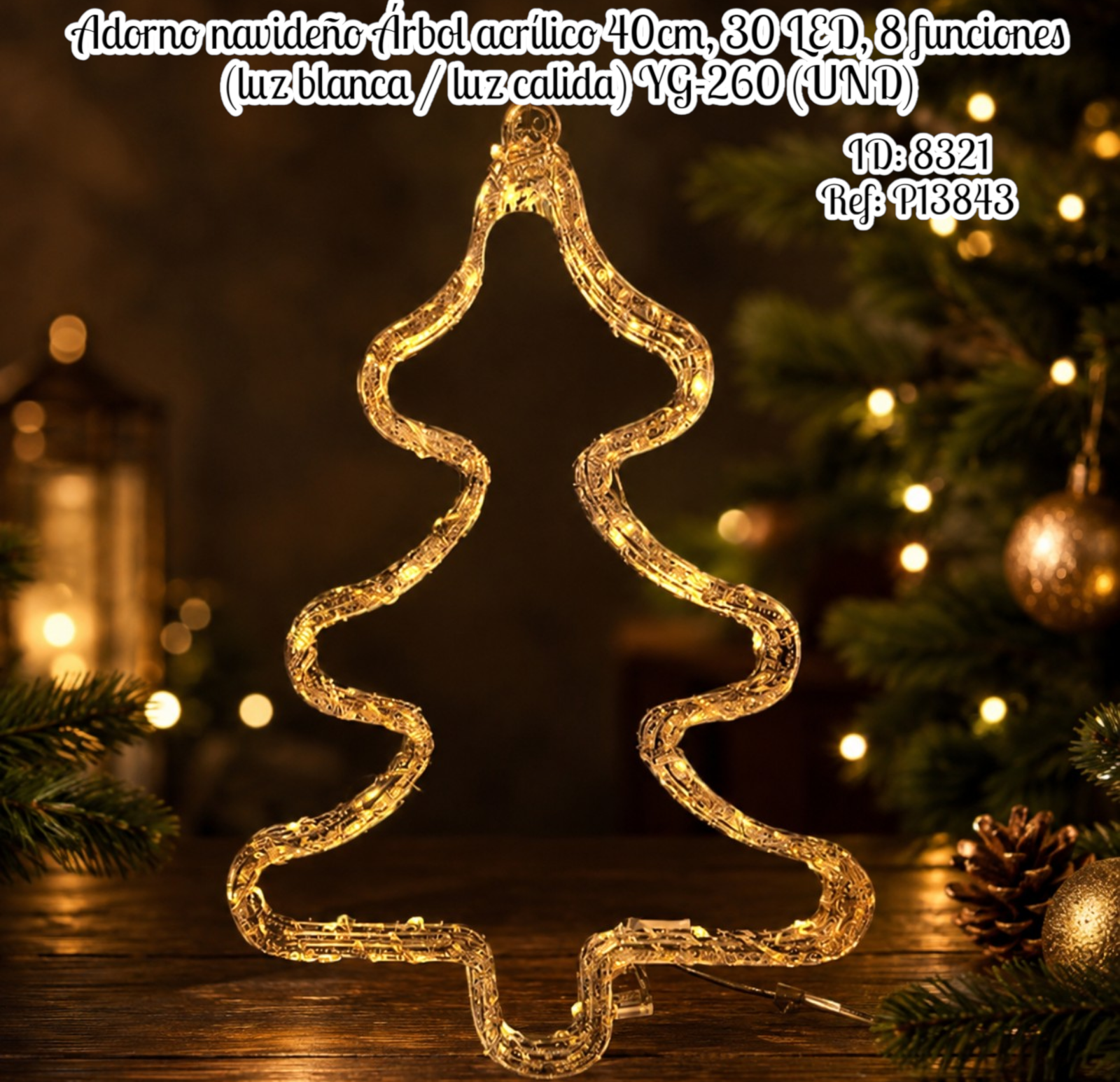 Adorno navideño Árbol acrílico 40cm, 30 LED, 8 funciones (luz blanca / luz calida) YG-260 (UND)