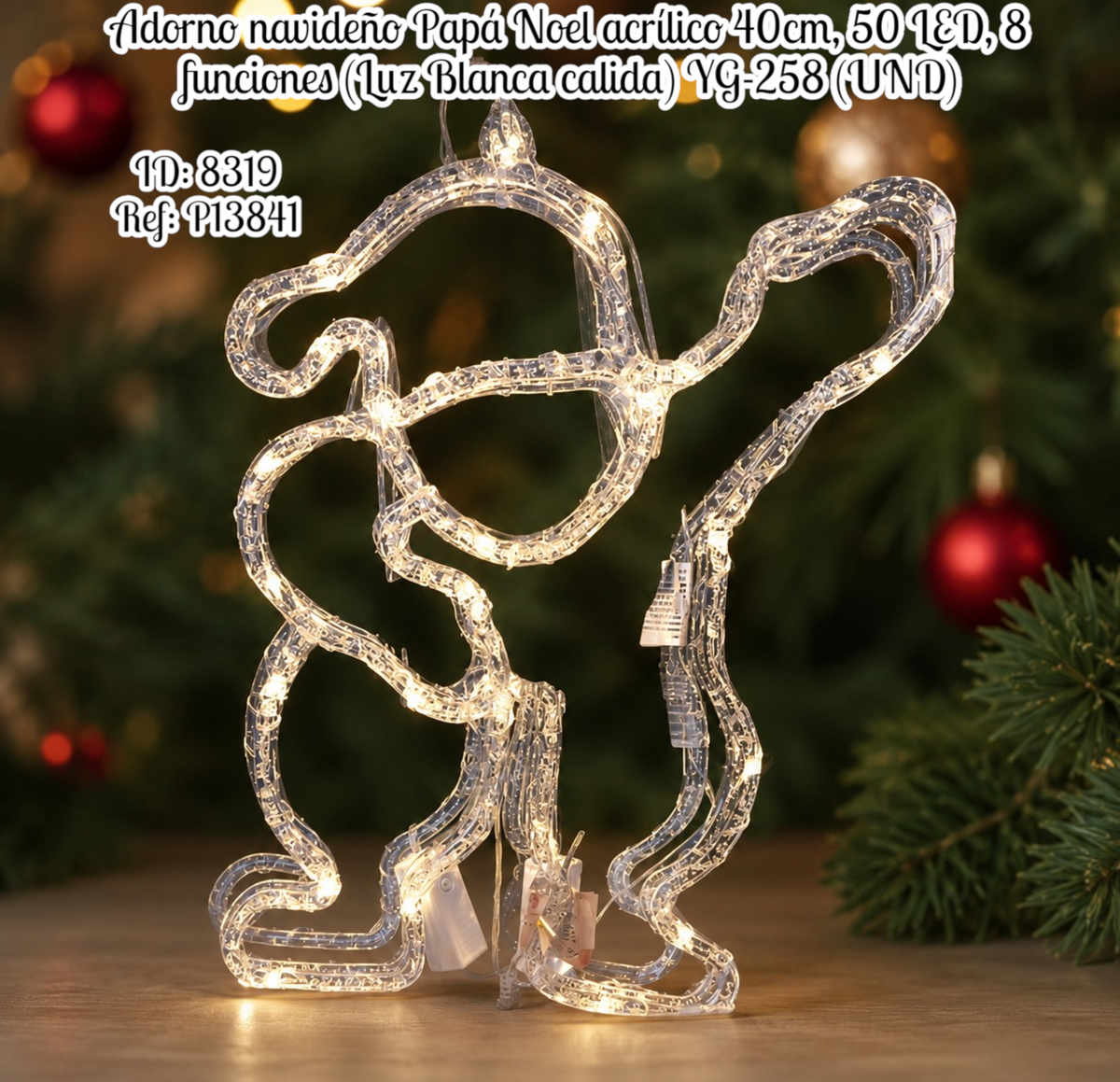 Adorno navideño Papá Noel acrílico 40cm, 50 LED, 8 funciones (Luz Blanca calida) YG-258 (UND)