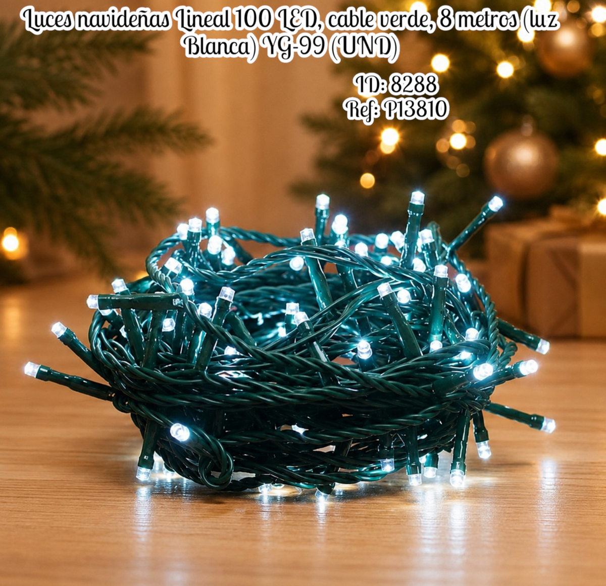 Luces navideñas Lineal 100 LED, cable verde, 8 metros (luz Blanca) YG-99 (UND)