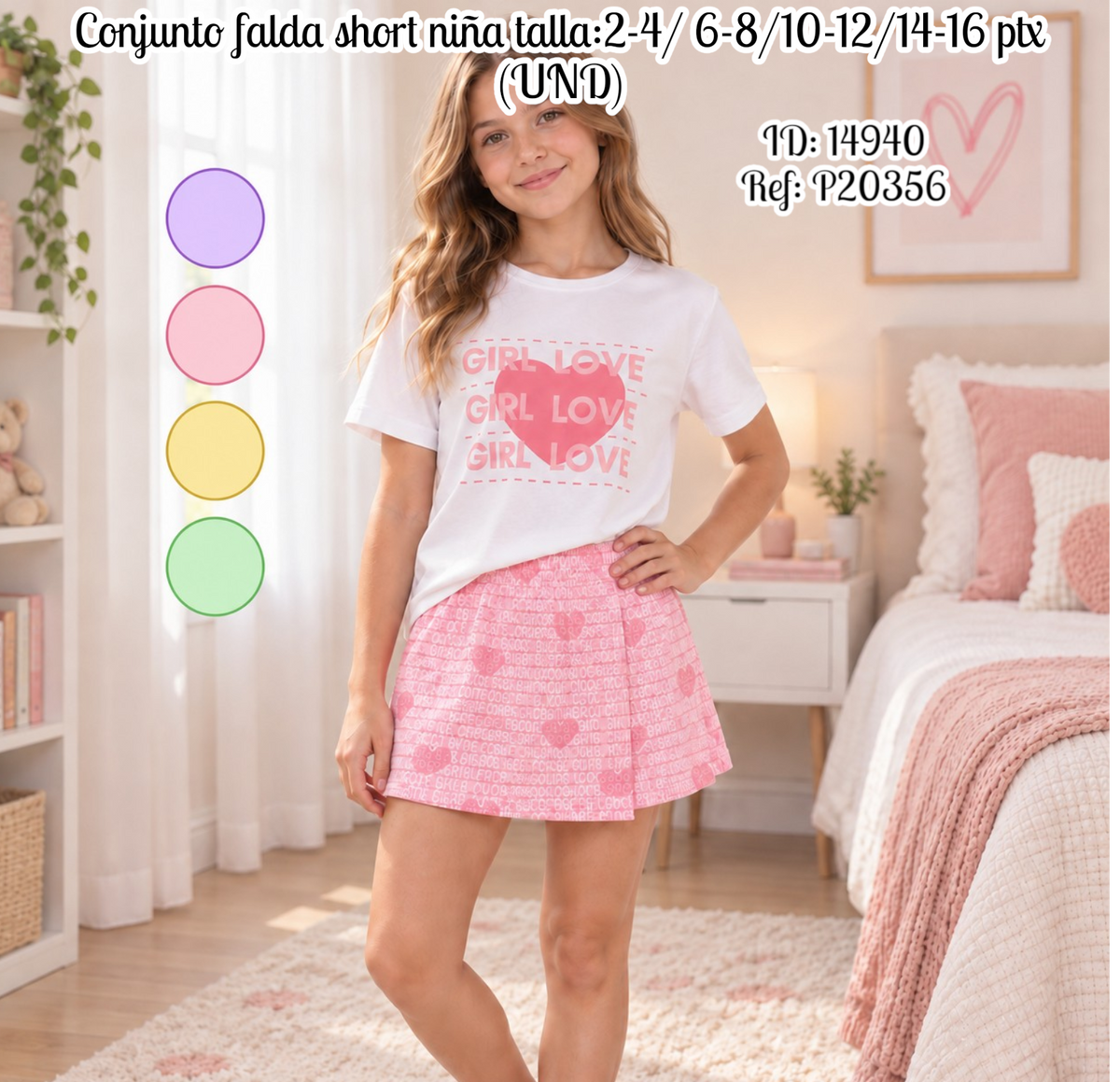 Conjunto falda short niña talla:2-4/ 6-8/10-12/14-16 ptx (UND)