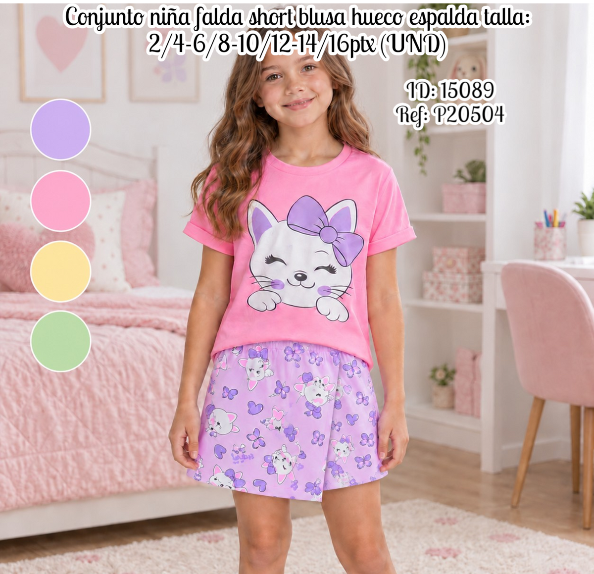 Conjunto niña falda short blusa hueco espalda talla: 2/4-6/8-10/12-14/16ptx (UND)