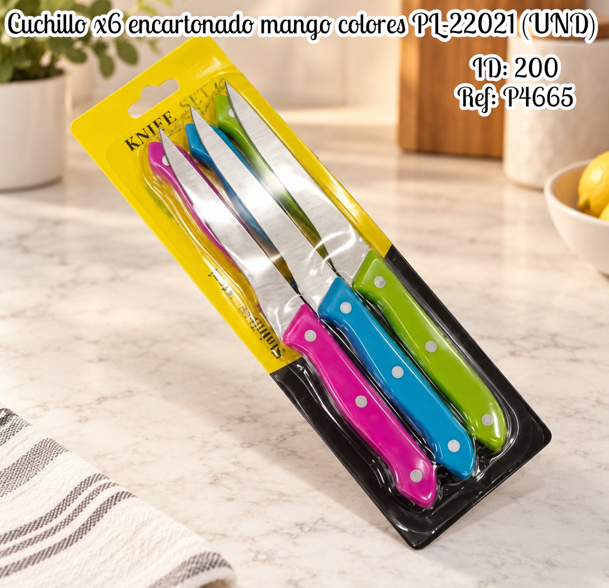 Cuchillo x6 encartonado mango colores al por mayor – Ref. PL-22021