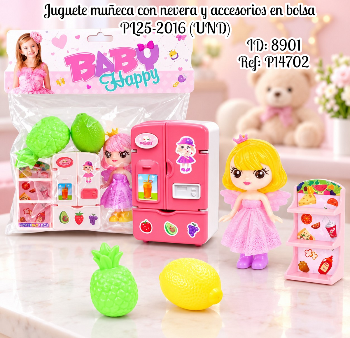 Juguete muñeca con nevera y accesorios en bolsa PL25-2016 (UND)
