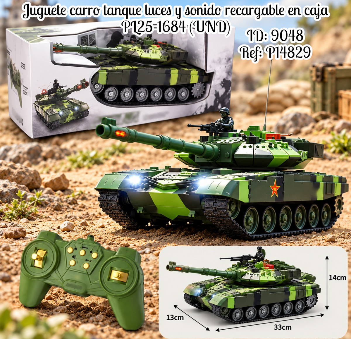 Juguete carro tanque luces y sonido recargable en caja PL25-1684 (UND)