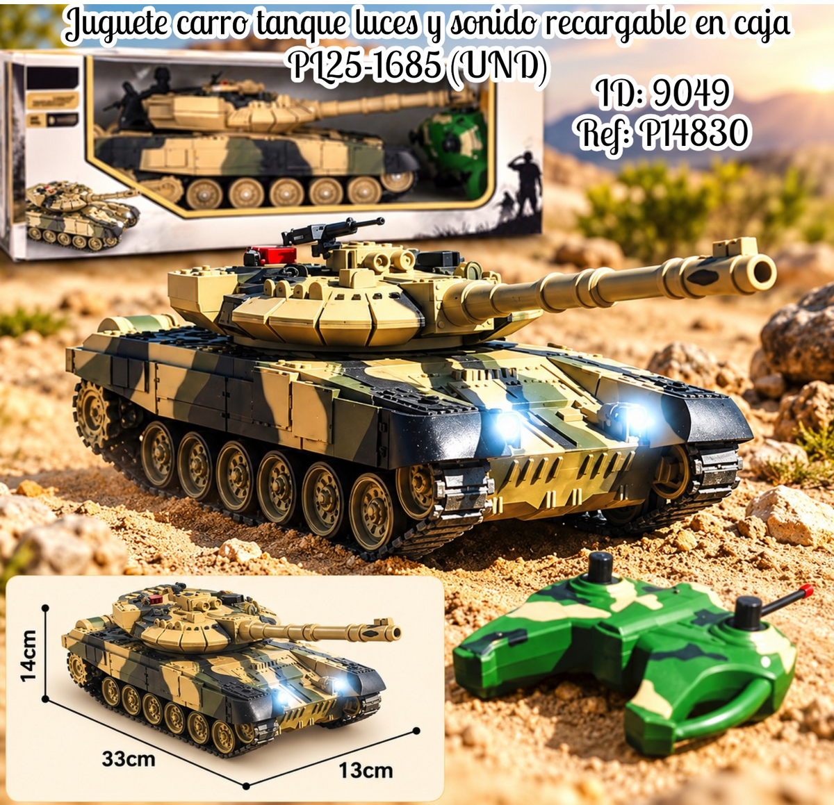 Juguete carro tanque luces y sonido recargable en caja PL25-1685 (UND)
