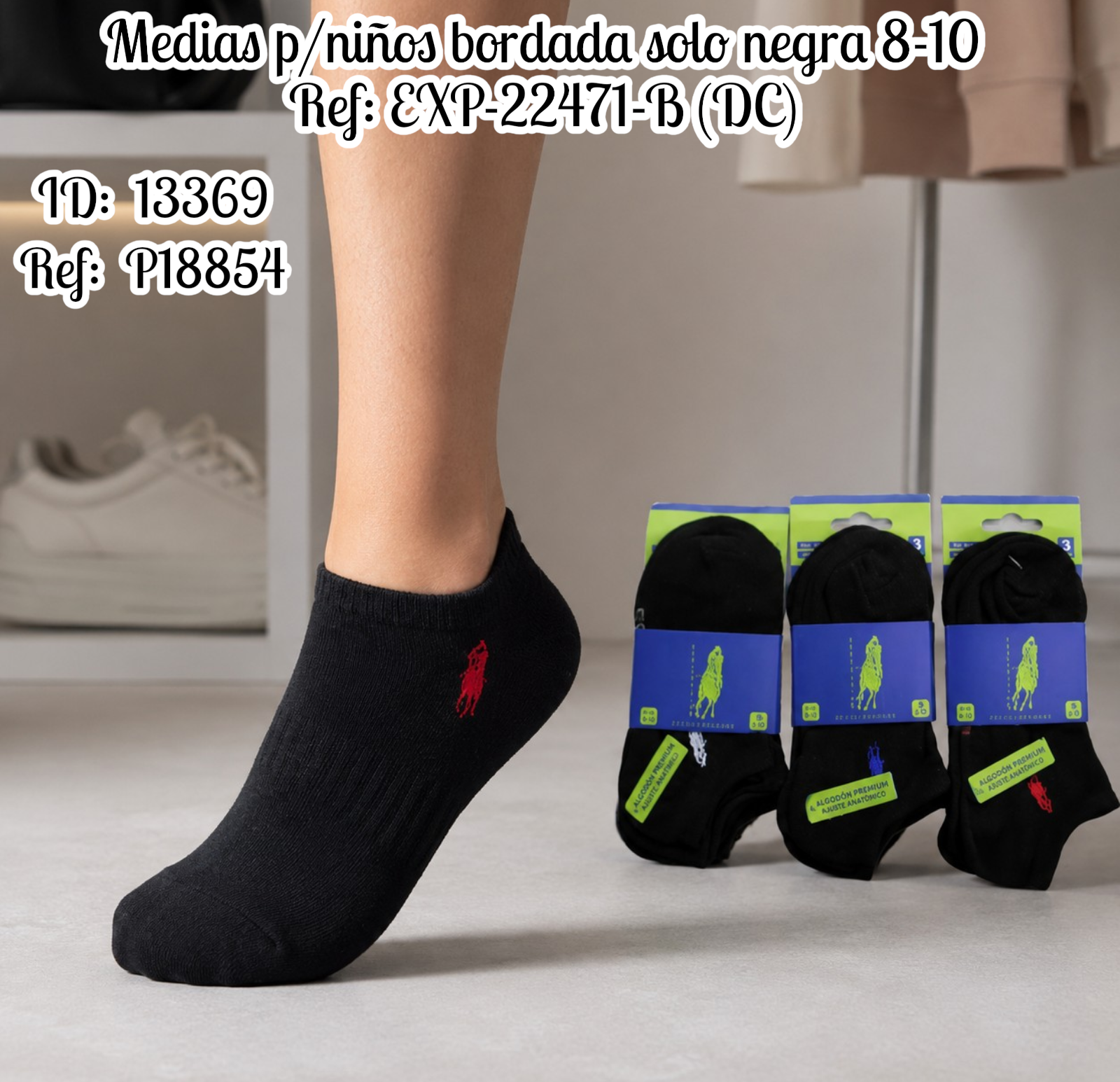 Medias p/niños bordada solo negra 8-10 Ref: EXP-22471-B (DC)