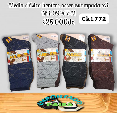 Media clasica hombre Neser estampada x3 NR-09967-M