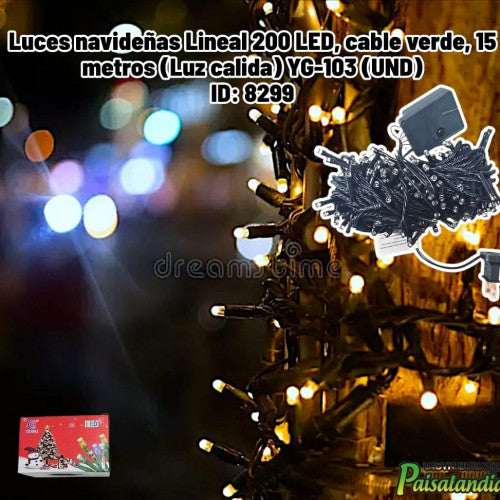 Luces navideñas Lineal 200 LED, cable verde, 15 metros (Luz calida) YG-103 (UND)
