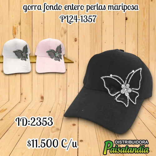 Gorra fondo entero con perlas y mariposa (UND)
