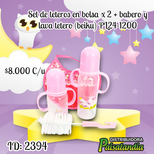 Set de teteros en bolsa x2 + babero y lava tetero (Beiku) (UND)