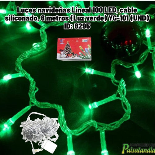 Luces navideñas Lineal 100 LED, cable siliconado, 8 metros (Luz verde) YG-101 (UND)