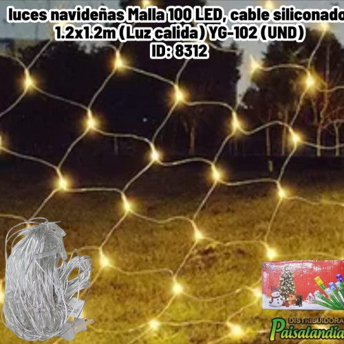luces navideñas Malla 100 LED, cable siliconado, 1.2x1.2m (Luz calida) YG-102 (UND)