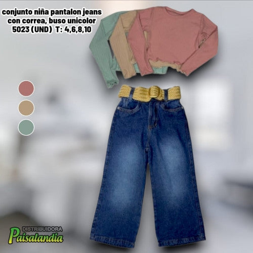 conjunto niña pantalon jeans con correa, buso unicolor 5023 (UND)