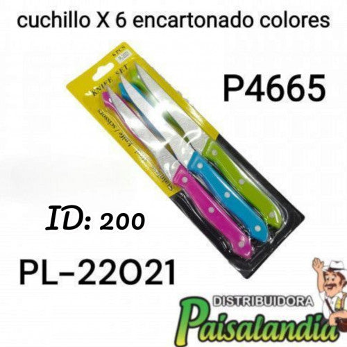 Cuchillo x6 encartonado mango colores PL-22021 (UND)