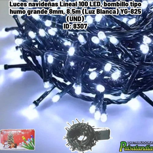 Luces navideñas Lineal 100 LED, bombillo tipo humo grande 8mm, 8.5m (Luz Blanca) YG-825 (UND)