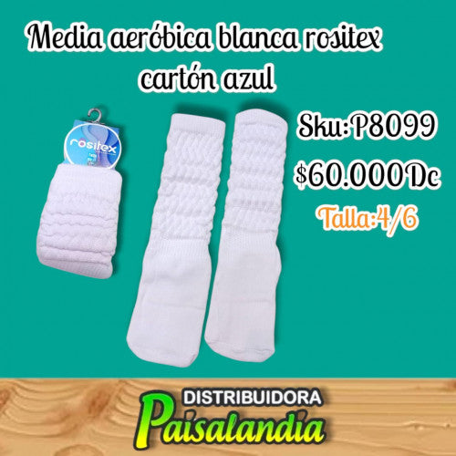 Media aerobica blanca rositex cartón azul talla 4-6