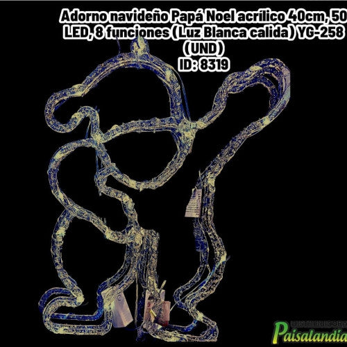 Adorno navideño Papá Noel acrílico 40cm, 50 LED, 8 funciones (Luz Blanca calida) YG-258 (UND)