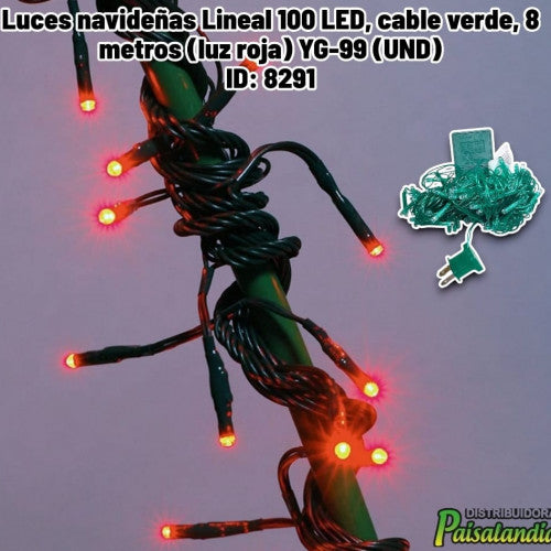 Luces navideñas Lineal 100 LED, cable verde, 8 metros (luz roja) YG-99 (UND)