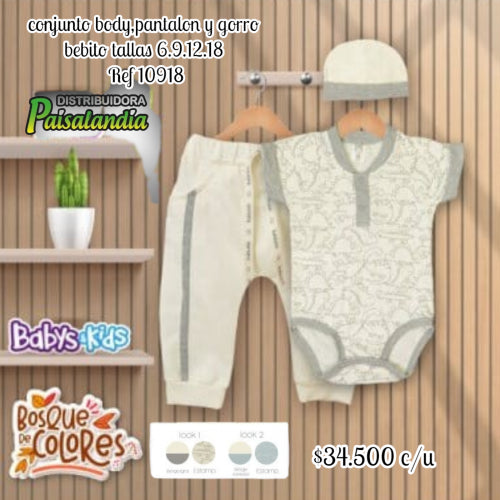 conjunto body,pantalon y gorro bebito tallas 6.9.12.18 10918