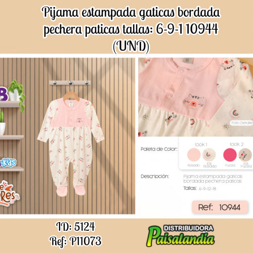 Pijama estampada gaticas bordada pechera paticas tallas: 6-9-1 10944 (UND)