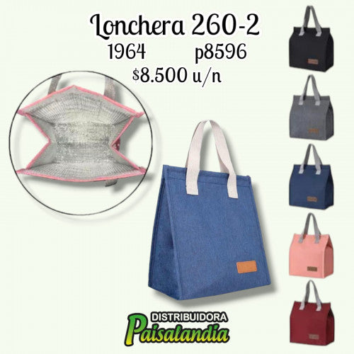 Lonchera en tela con bolsillo aluminio colores surtidos 260-2 (UND)