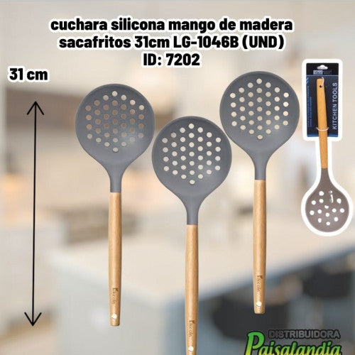 cuchara silicona mango de madera sacafritos 31cm LG-1046B (UND)