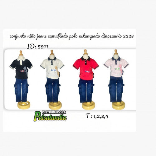 conjunto niño jeans camuflado polo estampado dinosaurio 2228 (UND)