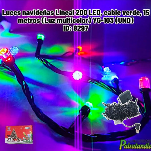 Luces navideñas Lineal 200 LED, cable verde, 15 metros (Luz multicolor) YG-103 (UND)