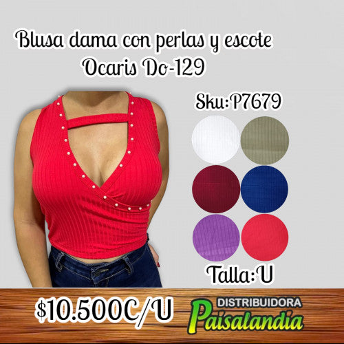 Blusa dama con perlas y escote delantero DO-129