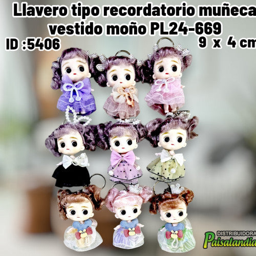Llavero tipo recordatorio muñeca vestido moño PL24-669 (UND)