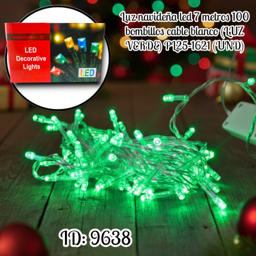 Luz navideña led 7 metros 100 bombillos cable blanco (LUZ VERDE) PL25-1621 (UND)