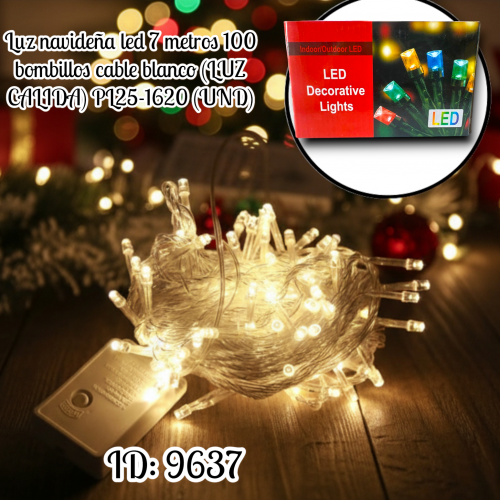 Luz navideña led 7 metros 100 bombillos cable blanco (LUZ CALIDA) PL25-1620 (UND)