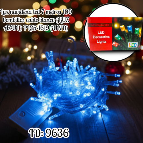 Luz navideña led 7 metros 100 bombillos cable blanco (LUZ AZUL) PL25-1619 (UND)