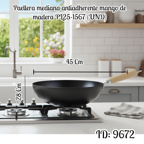 Paellera mediana antiadherente mango de madera PL25-1567 (UND)