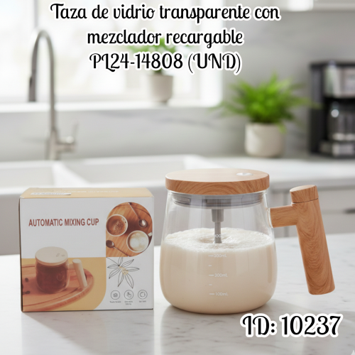 Taza de vidrio transparente con mezclador recargable PL24-14808 (UND)