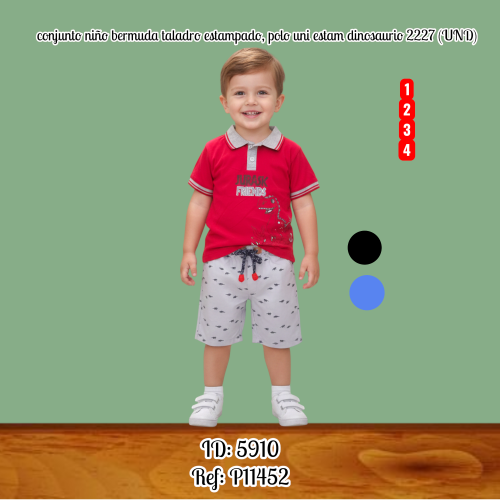 conjunto niño bermuda taladro estampado, polo uni estam dinosaurio 2227 (UND)
