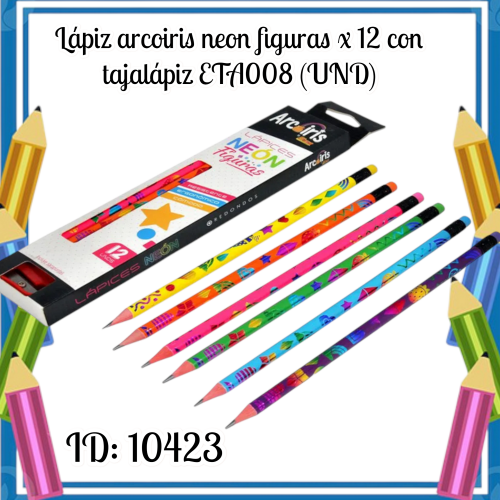 Lápiz arcoiris neon figuras x 12 con tajalápiz ETA008 (UND